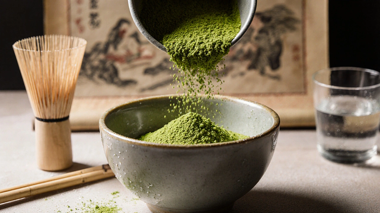 Детайл на ярко зелен мача прах, разтварян във вода.