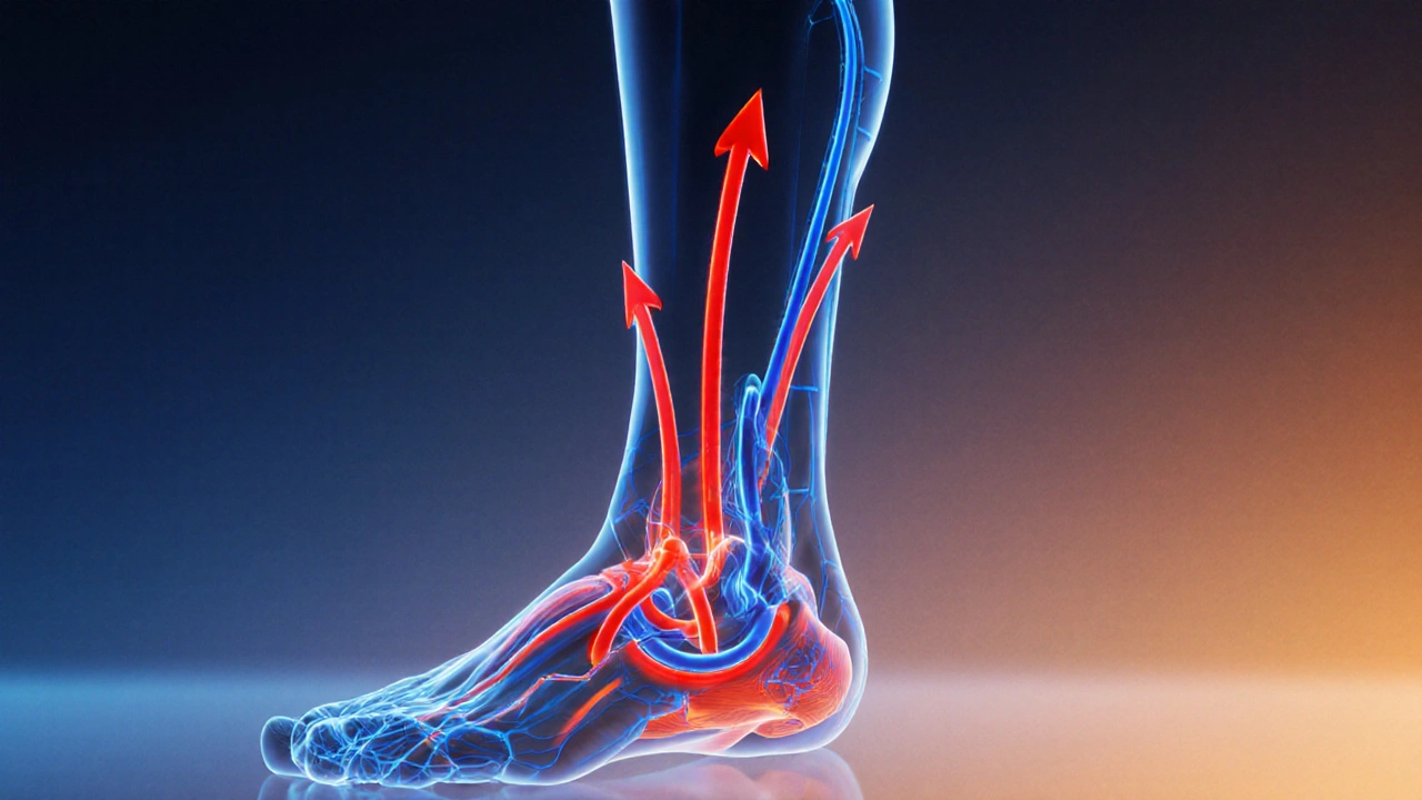 Анатомична илюстрация на подобрено кръвообращение и лимфен дренаж в мускулите след масаж.