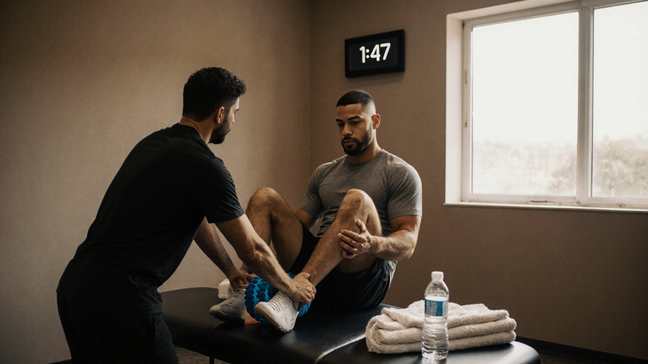 Атлет използва ролер за мускули по бедрото във възстановителна среда.