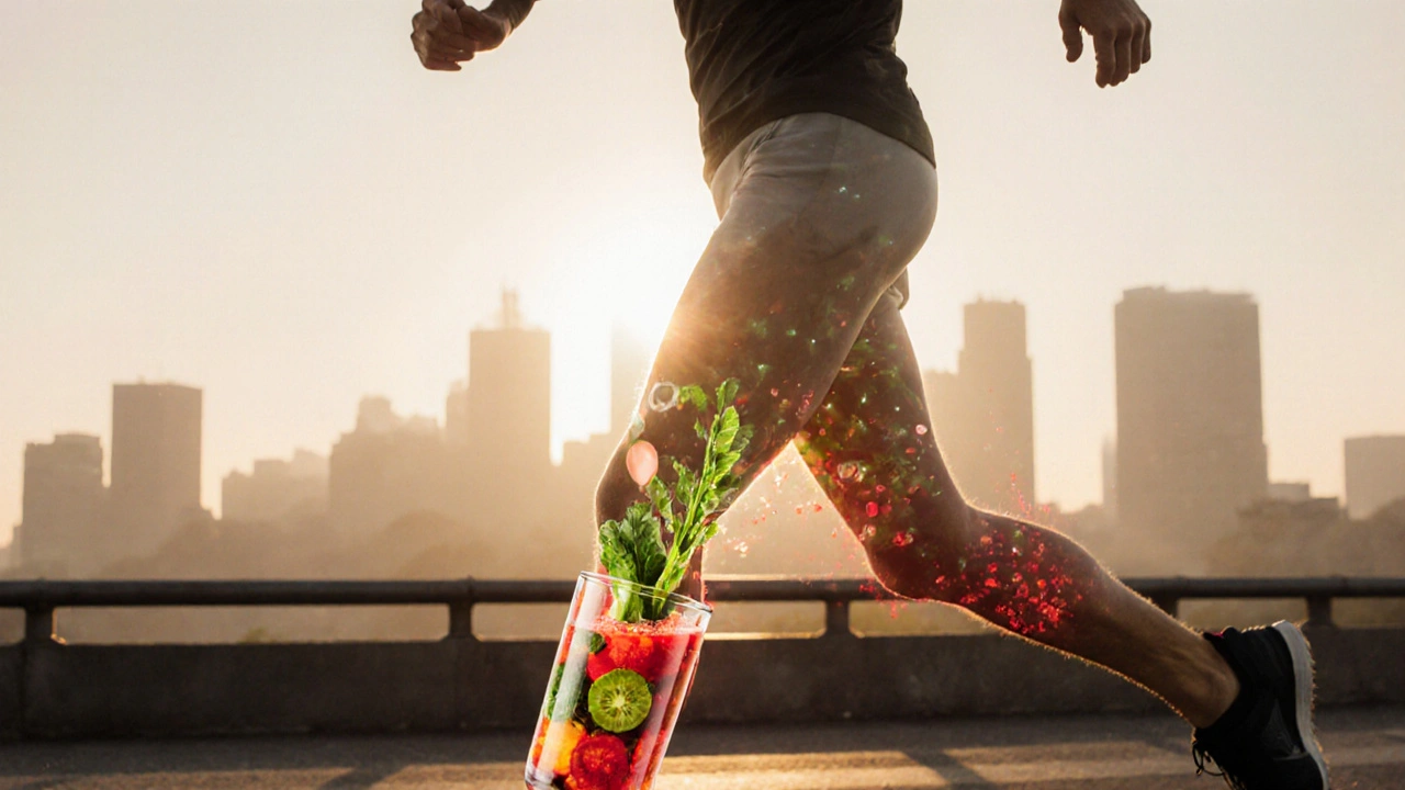 Бягащ човек с прозрачно наслагване на здравословни сокове в кръвта му.