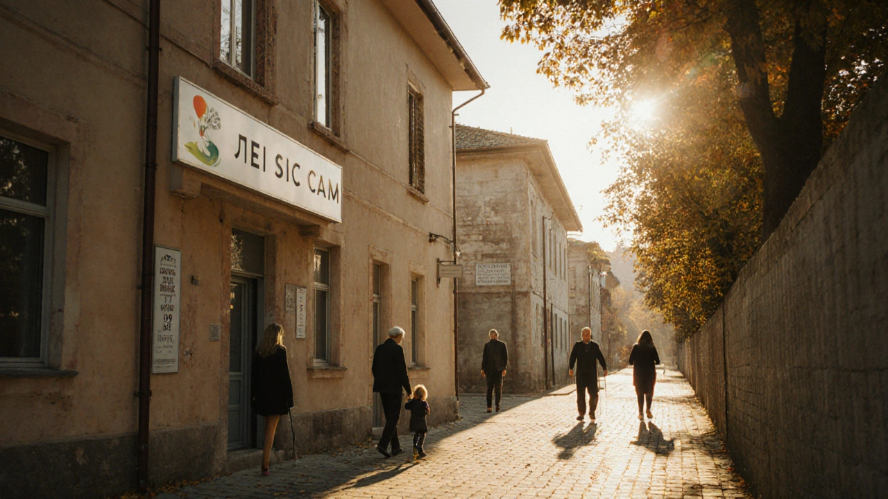 Четири психотерапевтични практики в малък град, хора влизат спокойно, слънце осветява улицата.