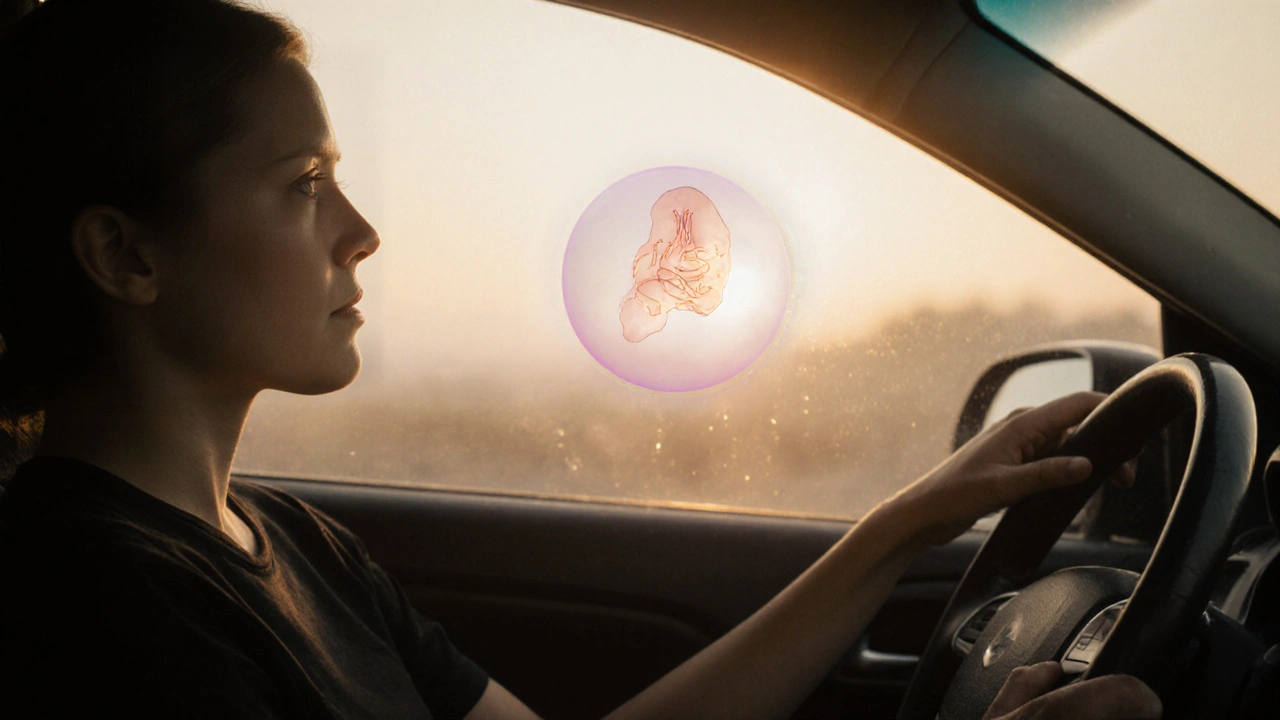 Човек медитира в кола сутрин, с затворени очи, със светлина, преминаваща през стъклото.