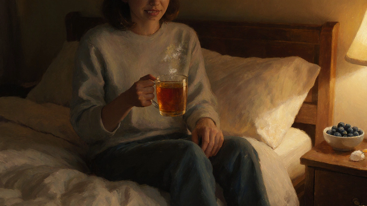 Човек пие топла лайка с мед и имбир пред легло