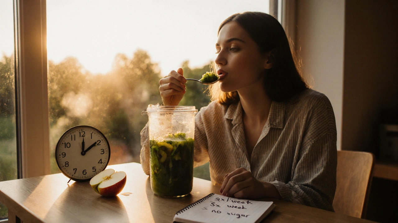 Човек пие зелен сок с лъжица на зора, с усещане за възстановяване и спокойствие.