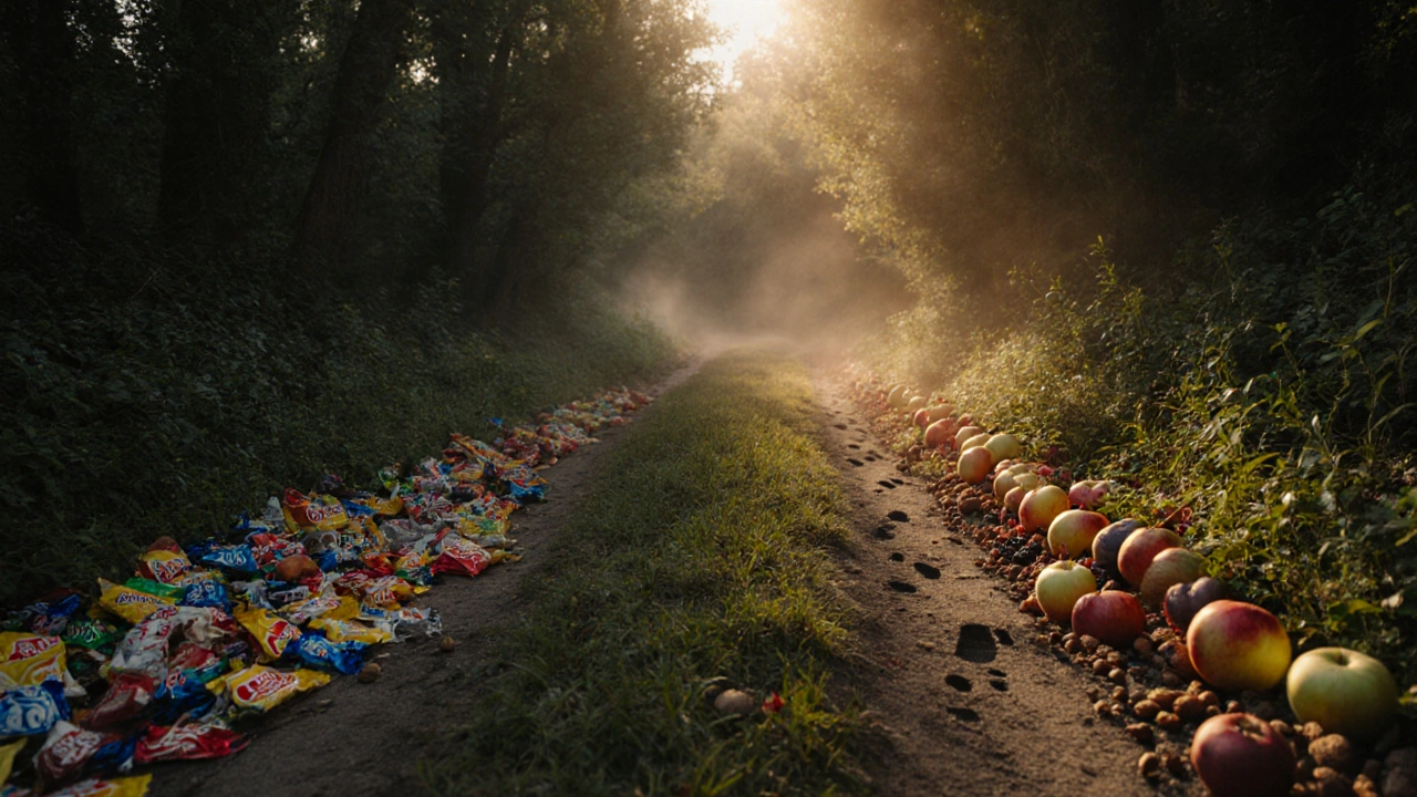 Две пътеки в гора: едната с боклуци, другата с плодове и орехове, осветени от слънце.