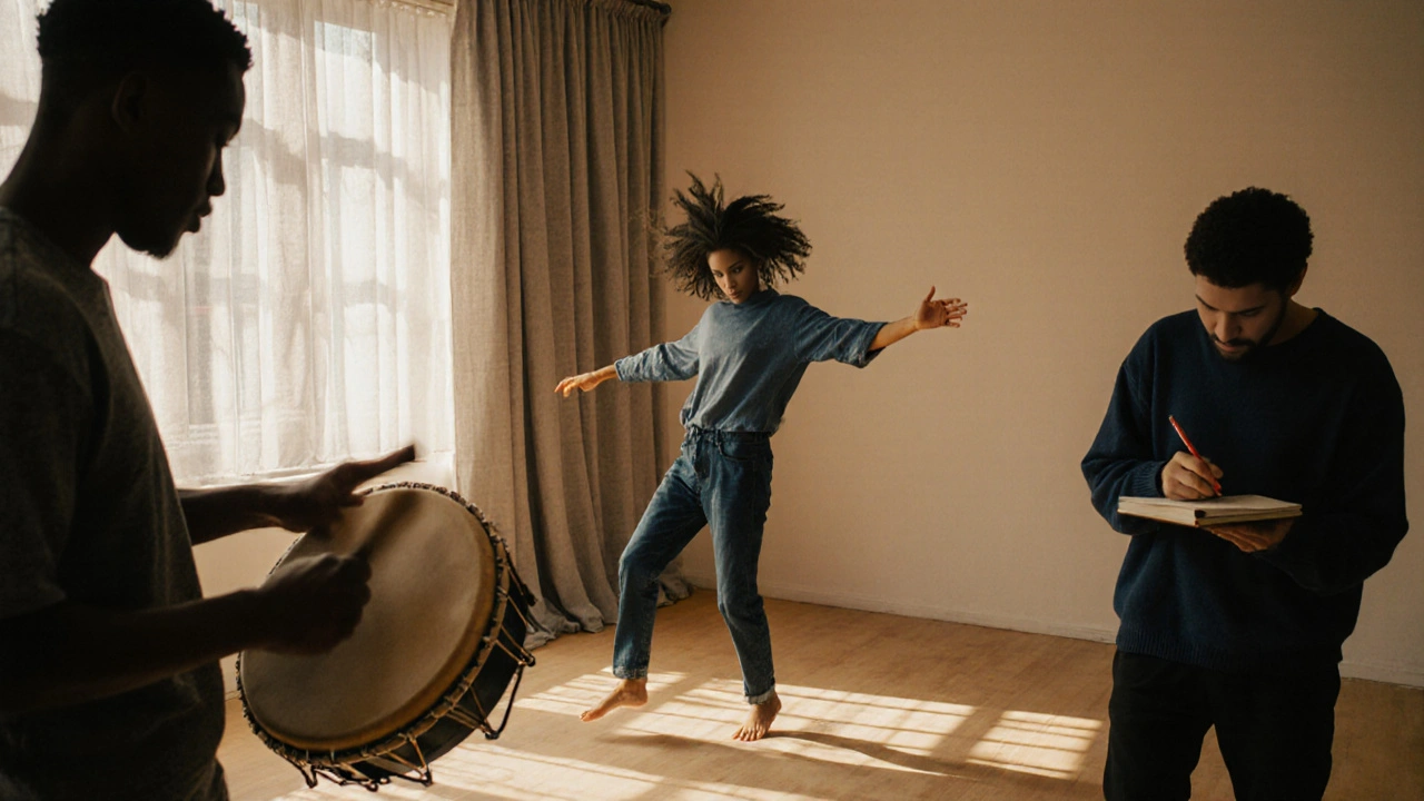 Група хора участват в арт терапия: един пее с перкусивен инструмент, друга се движи, трета пише.