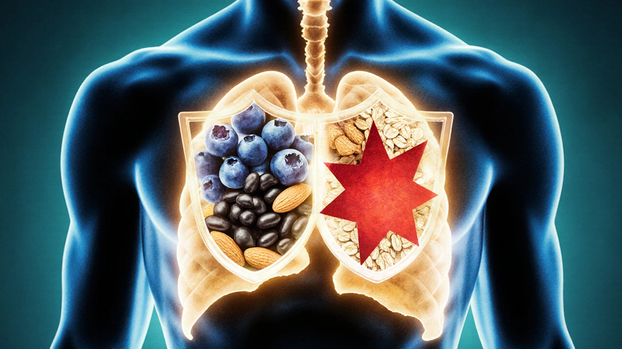 Хуманоидна фигура с вътрешност, превръщаща здравословни храни в защитни щитове срещу възпаления.