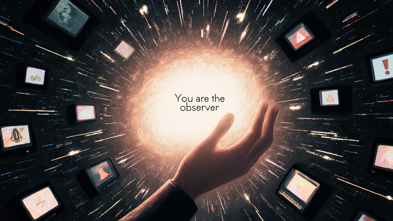 Концептуален образ на ум, обграден от хаос, но с център на спокойствие, символизиращ наблюдателя.