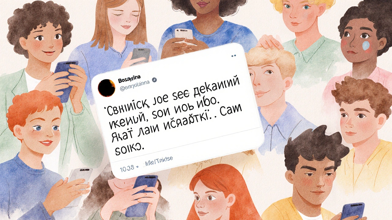 Млади хора гледат телефони със съобщения за психично здраве, усмихнати и свързани в цифрово общество.