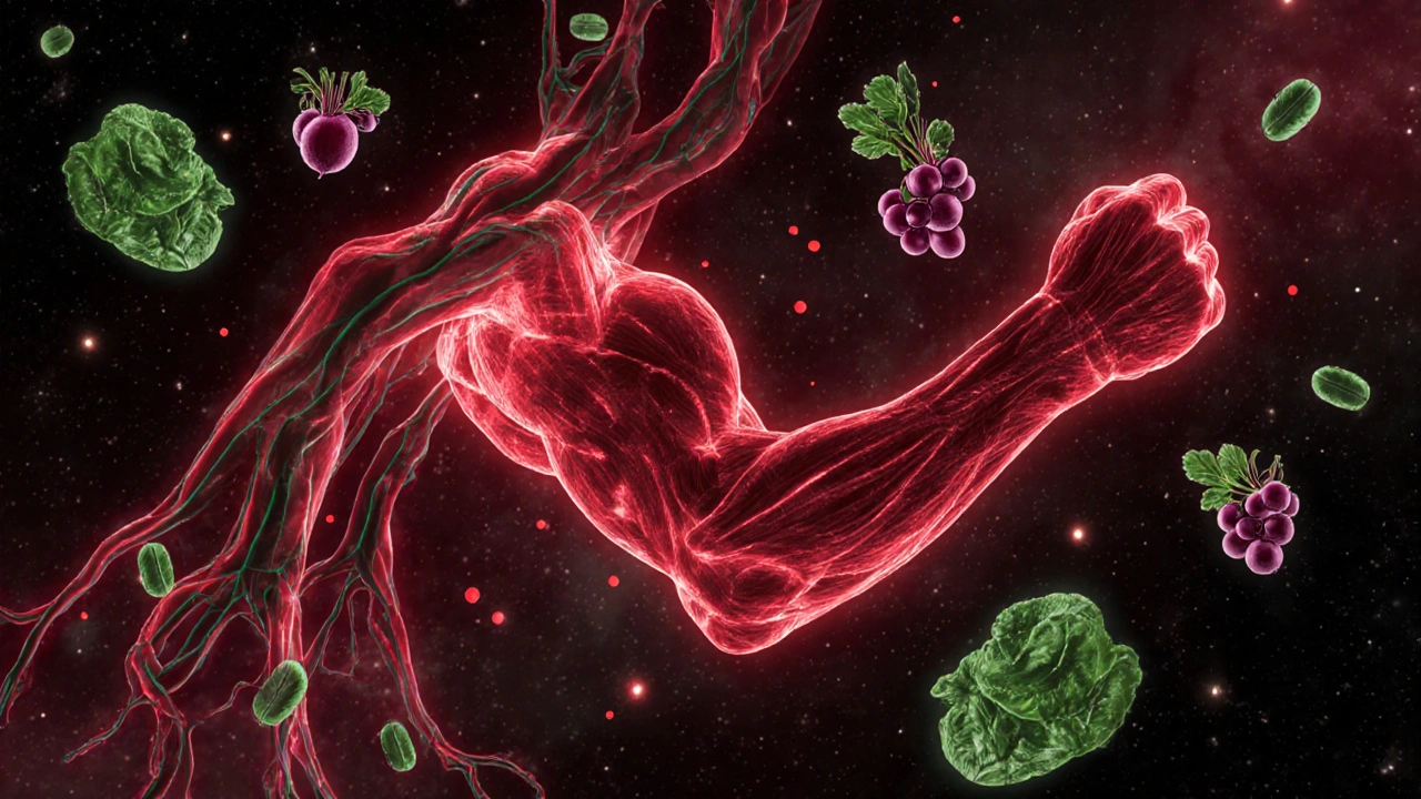 Мускулни клетки с възходящи потоци на кислород, представени като светещи частици.