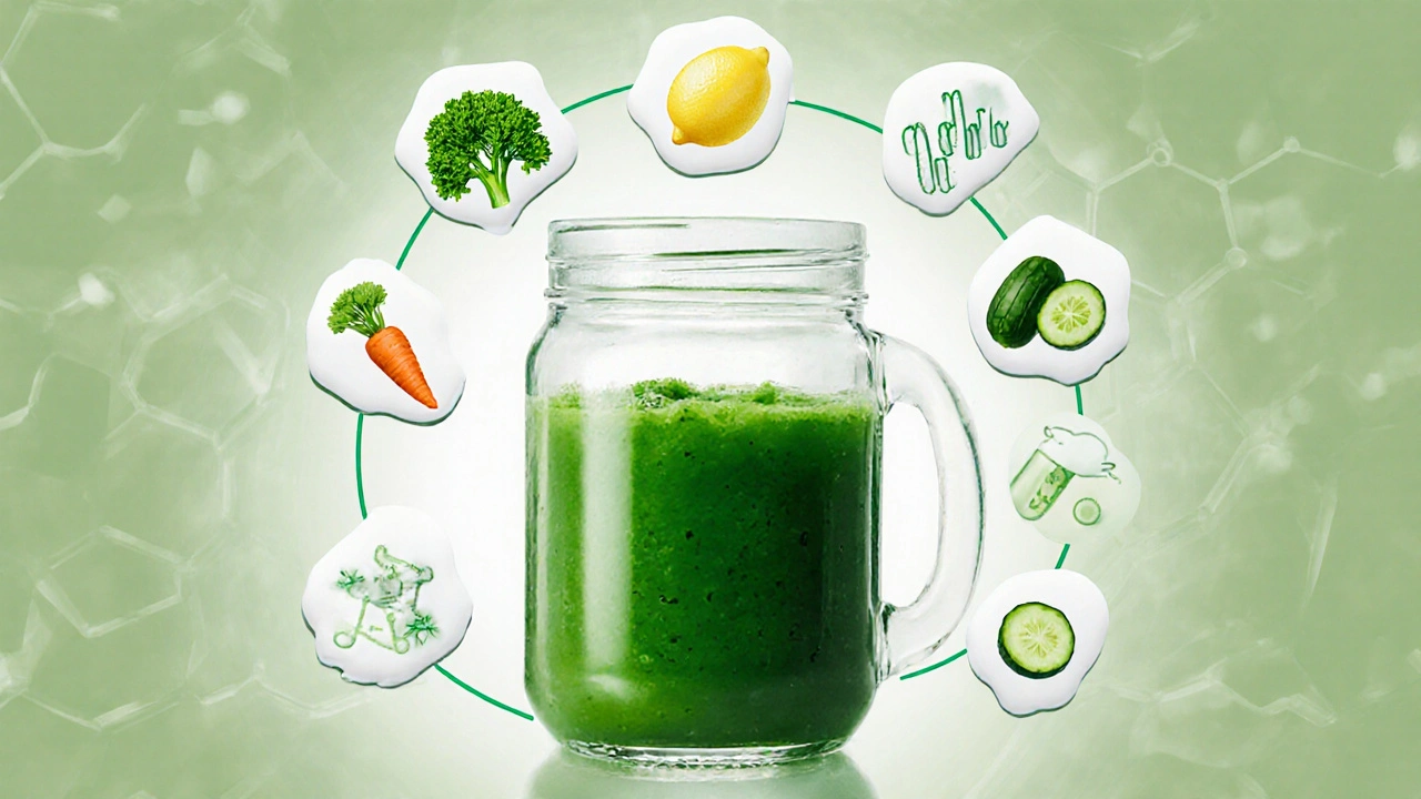Прозрачна чаша с зелен здравословен сок с визуални символи на основните съставки.