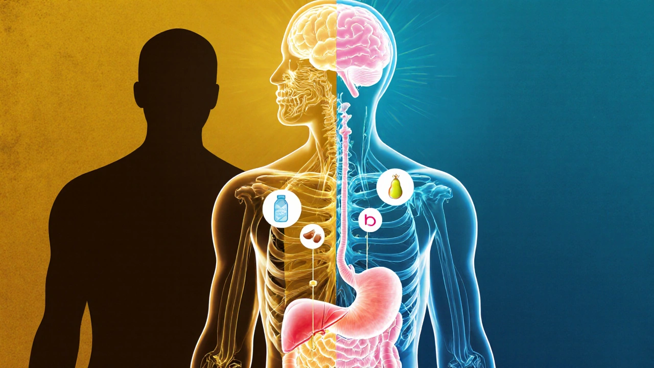 Прозрачно тяло с енергийни пътища, захранени от белтъчини, въглехидрати и здрави мазнини, насочени към мозъка.