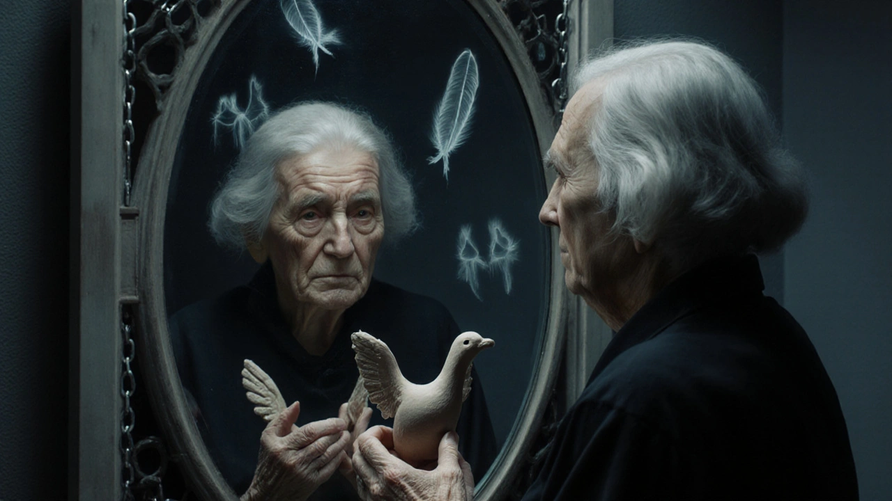 Жена се гледа в огледало, в ръцете й е глинена фигура на птица с разбито крило, около нея се виждат прозрачни емоции.