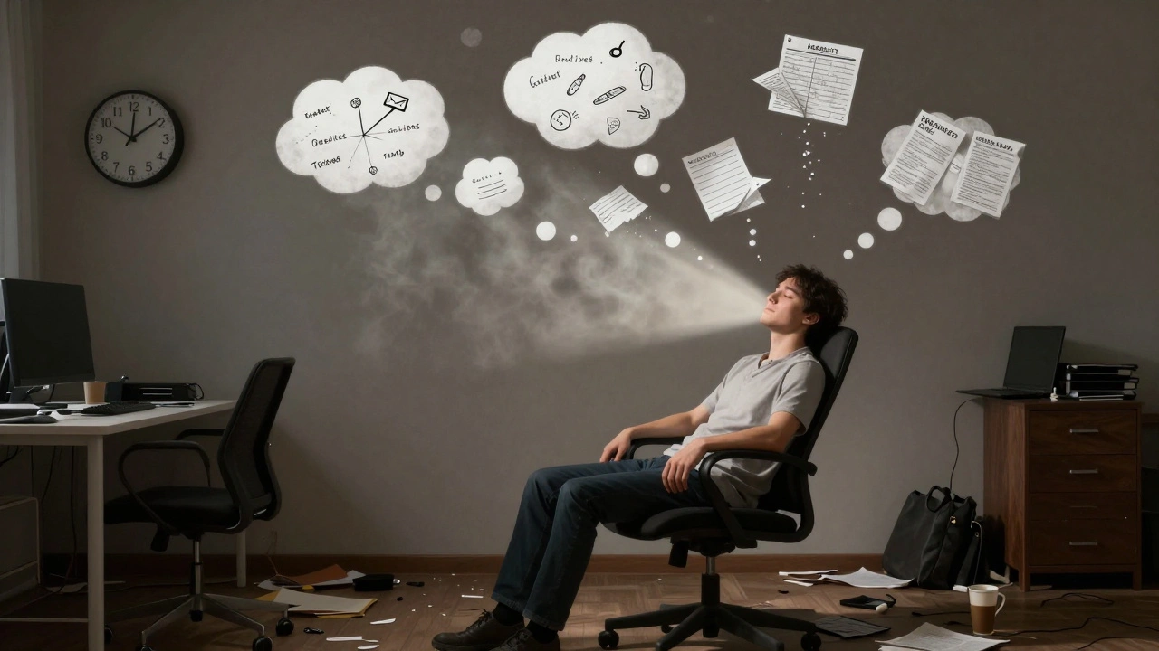 Човек medитира в мършава офис среда, а хаотичните мисли изчезват в мъгла, докато дишането остава спокойно.