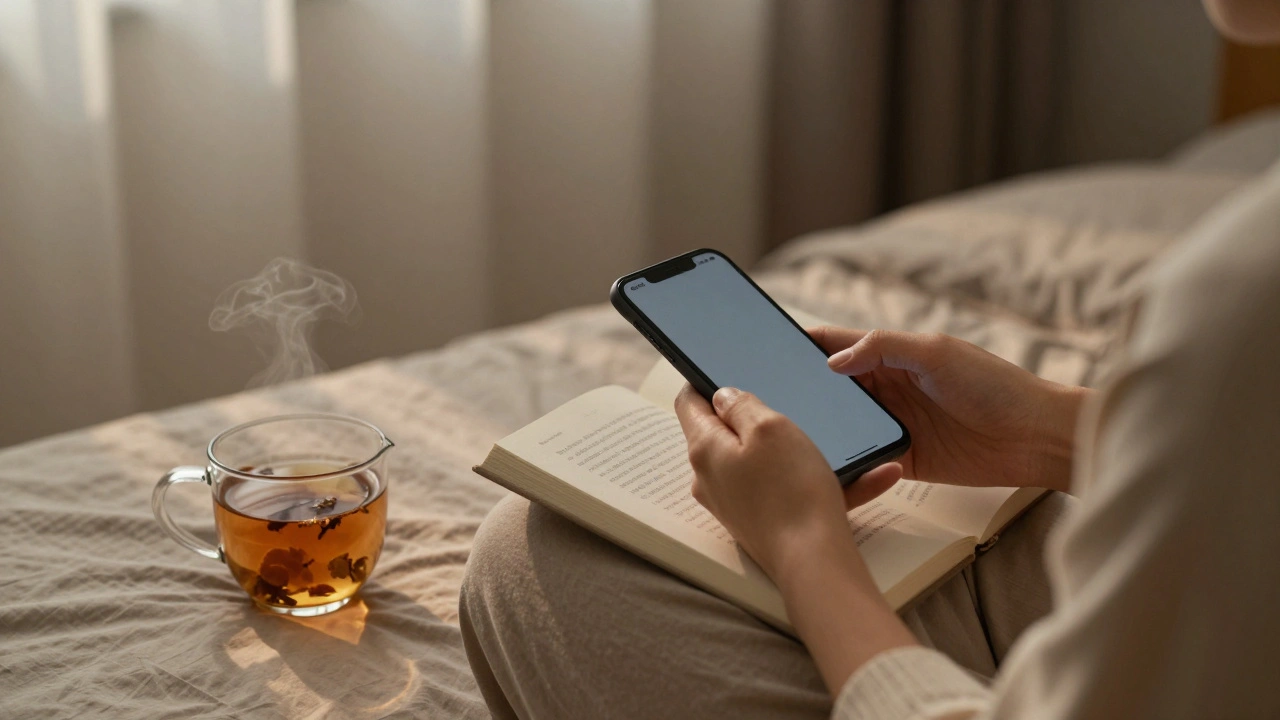 Човек се подготвя за сън — чете книга, чаша чай и изключил екраните, тиха вечерна атмосфера.