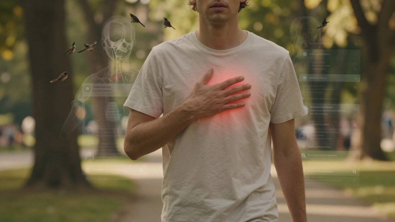 Човек се разхожда в парк, сърцебиене като тиха светлина под кожата, а миналите тревоги изчезват в дърветата.