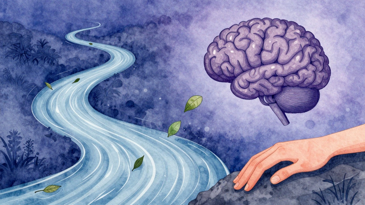 Човешкият ум е показан като река, която тече, а не спира — мислите са листа, които се носят.