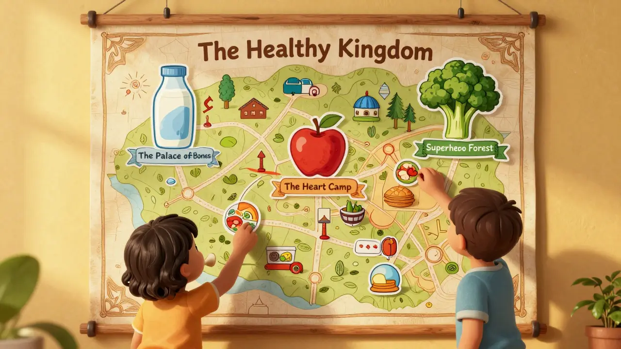 Цветна карта на здравословно хранене с маркировани храни.