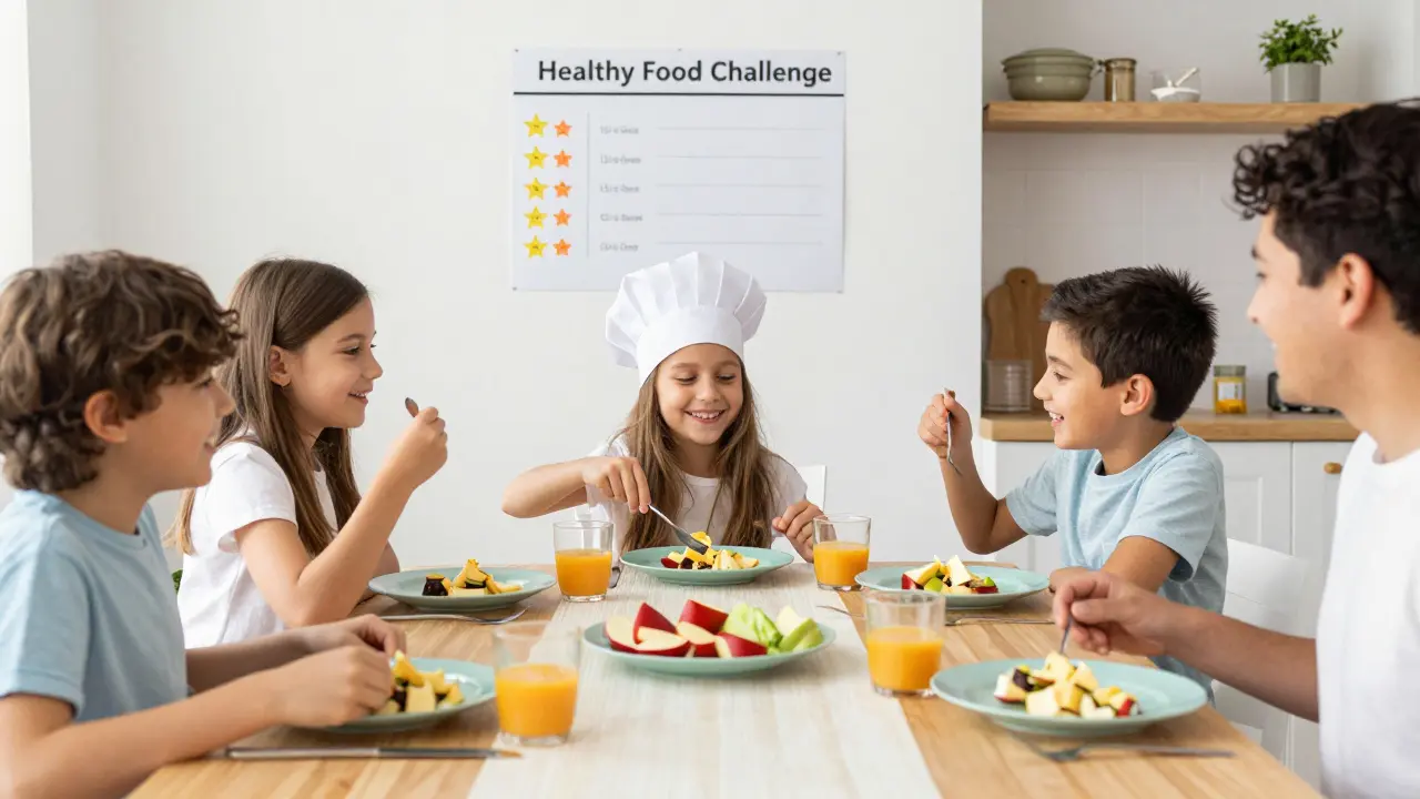 Деца представят домашна салата на семейно трапеза.
