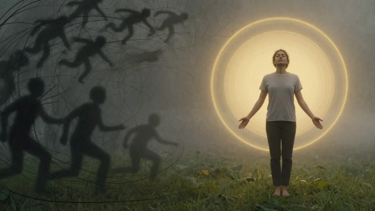 Две сцени: ляво — хаотични мисли, дясно — човек в спокойствие, обгърнат от светлина.