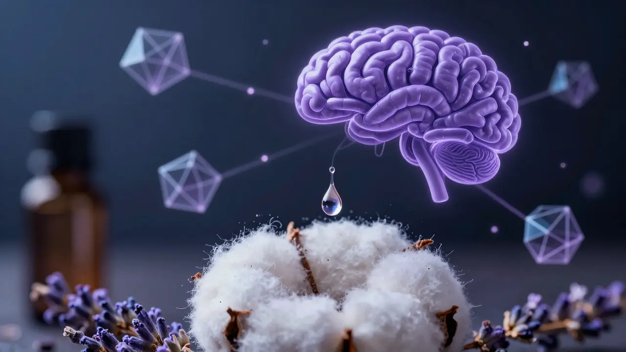 Една капка лавандулово масло в падане, с визуализирани нервни пътеки към мозъка.