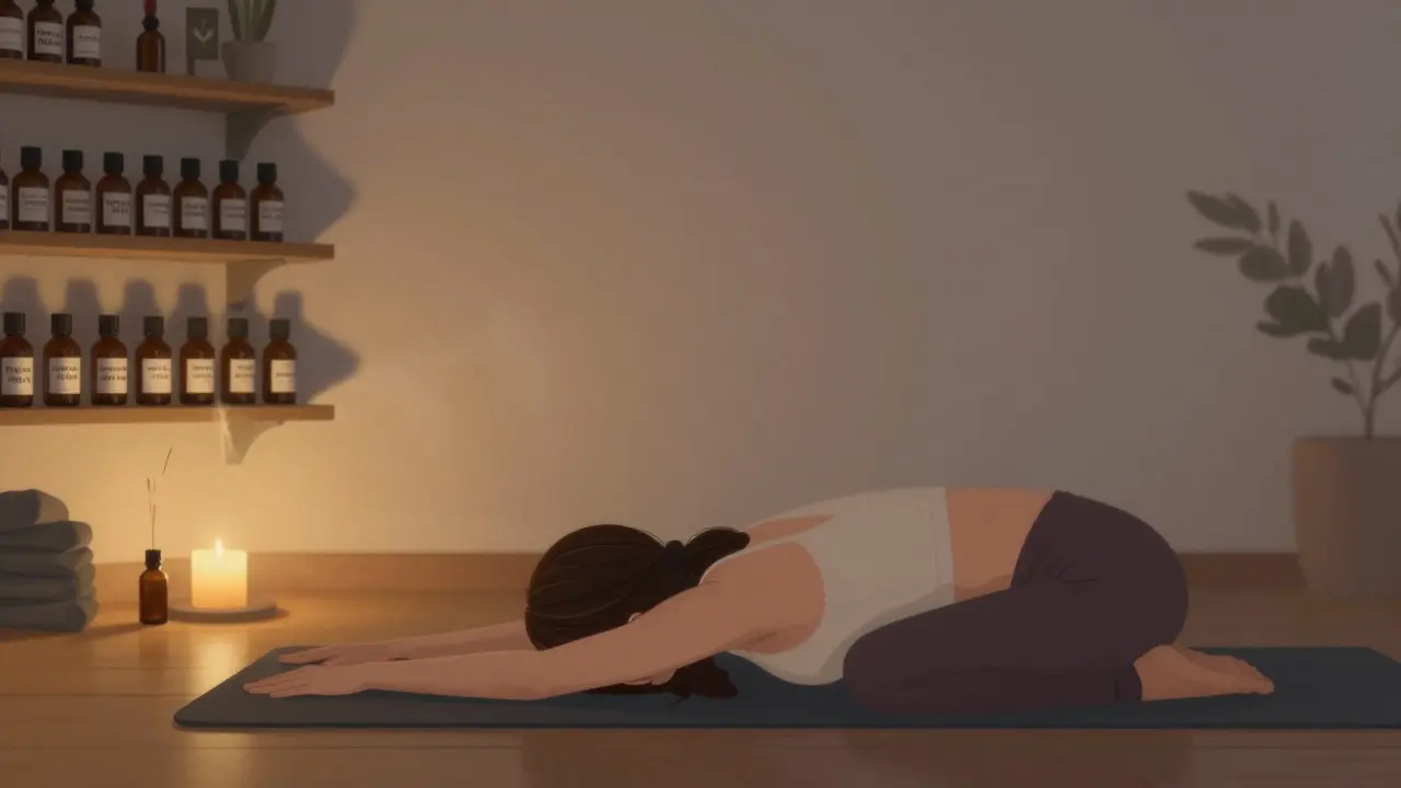 Йога практикуващ в тиха стая с ванилия и сандалово дърво, разпространяващи се във въздуха.