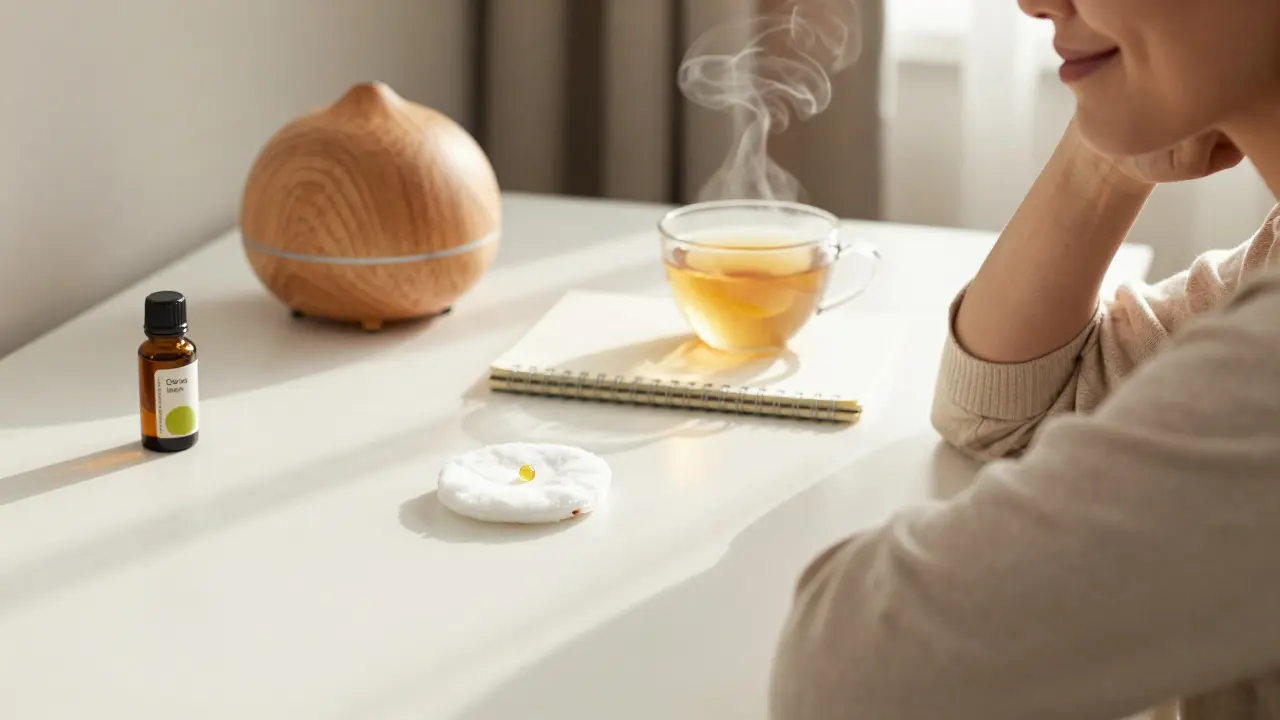 Мъж на работното си място, с капка лимоново масло на вата и сутрешна светлина.