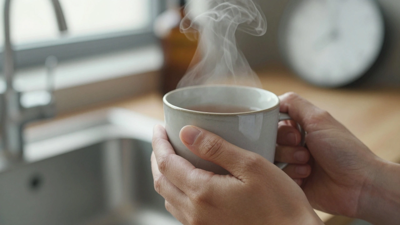 Ръце държат чаша чай, пара се издига, фокус върху усещането на топлина и стабилност.