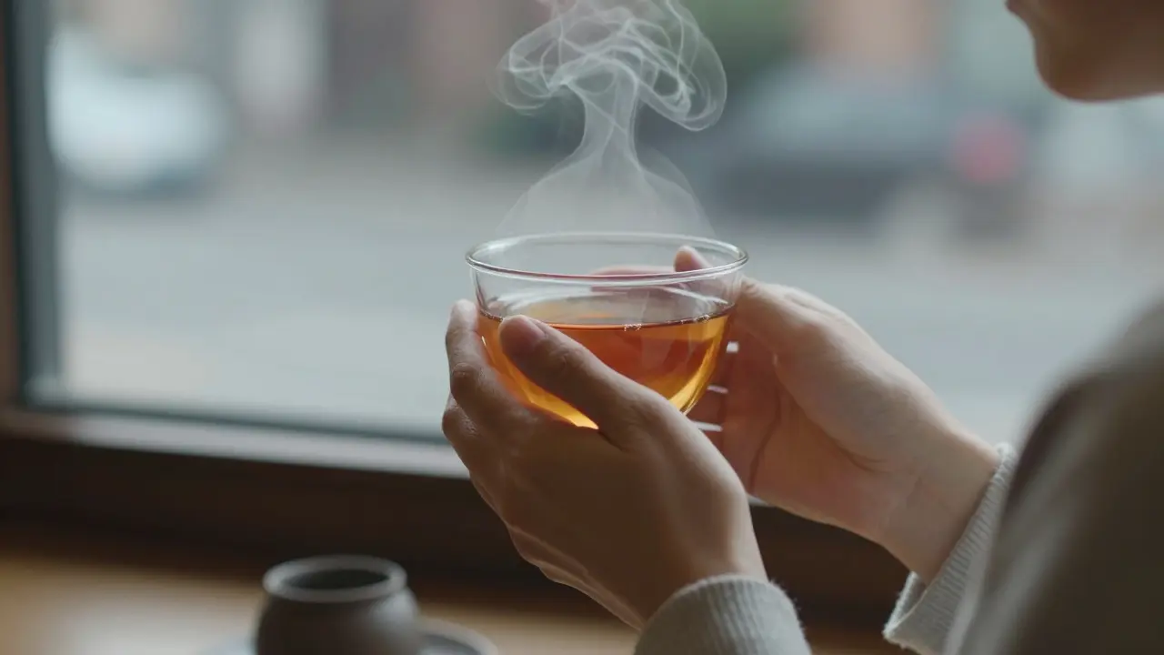 Ръце държат чаша чай, пара се издига, задния план е размит градски пейзаж.