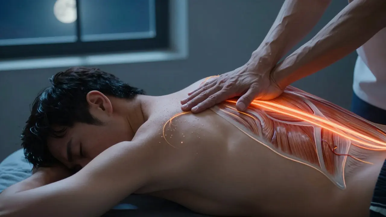 Ръка масажира гръбнака с визуализирана кръвна циркулация.