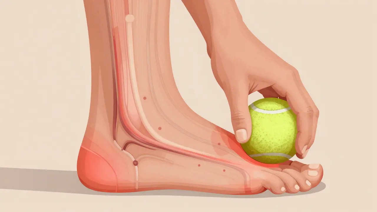 Ръка притиска тенис топка към стъпалото, показвайки вътрешни тъкани.