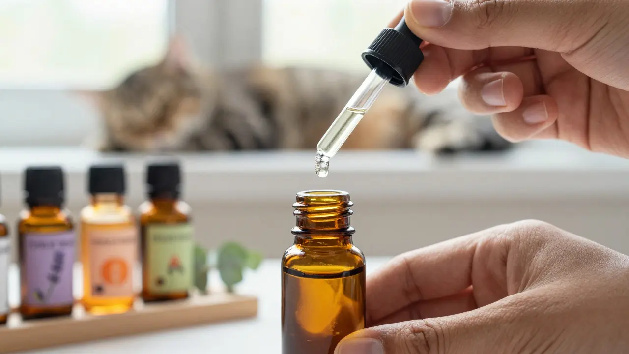 Ръка разрежда етерично масло с кокосово, с бутилки с научни имена на заден план.