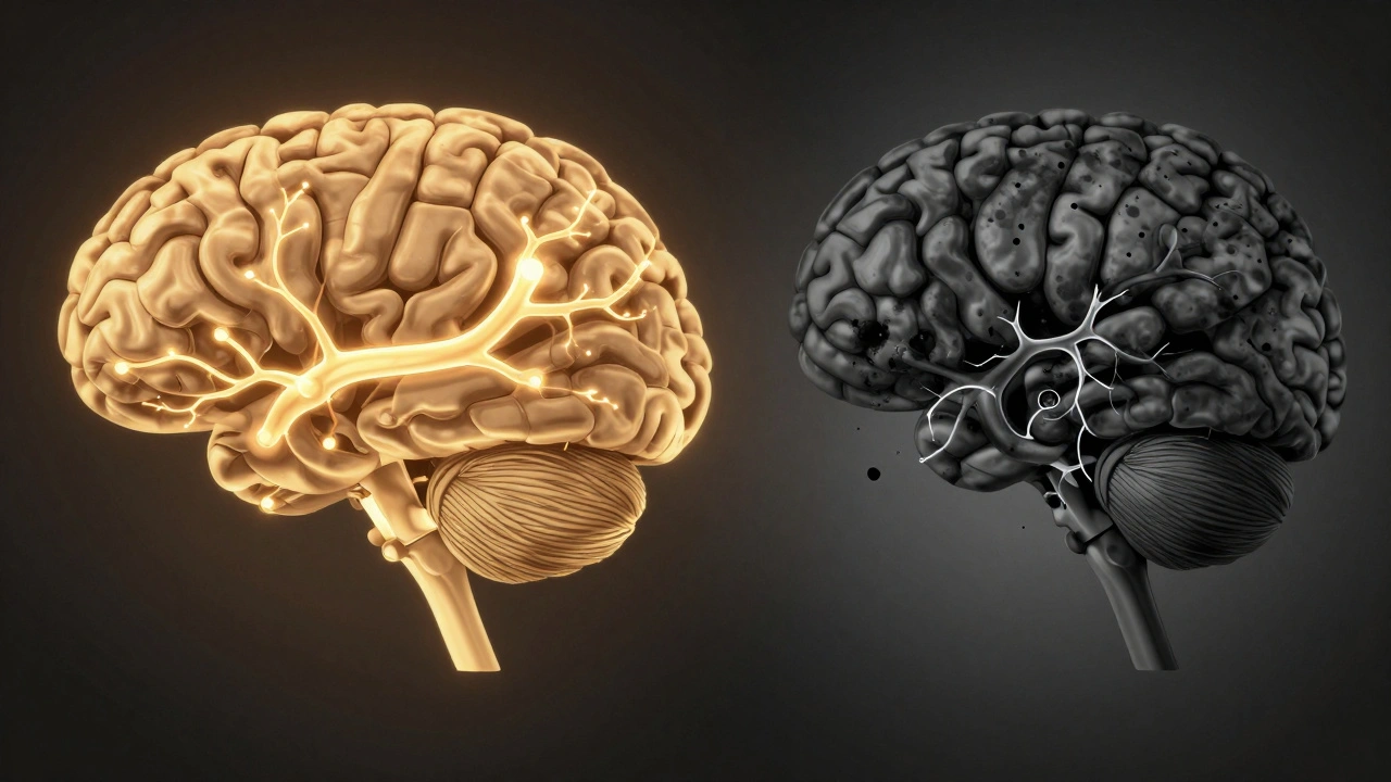 Разделена илюстрация на здрав и повреден мозък, показваща ефекта на съня върху емоционалното здраве.