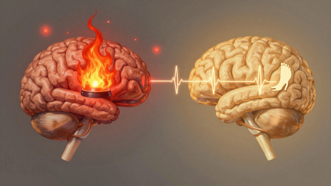 Раздвоена илюстрация на мозък: единият е в паника, другият — спокоен, със символи на дишане и движение.