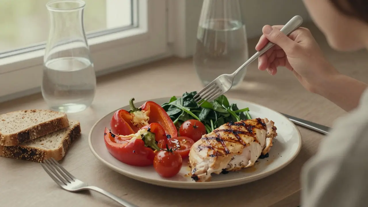 Балансиран обяд с зеленчуци, пиле и цялозърнен хляб на тарелка.