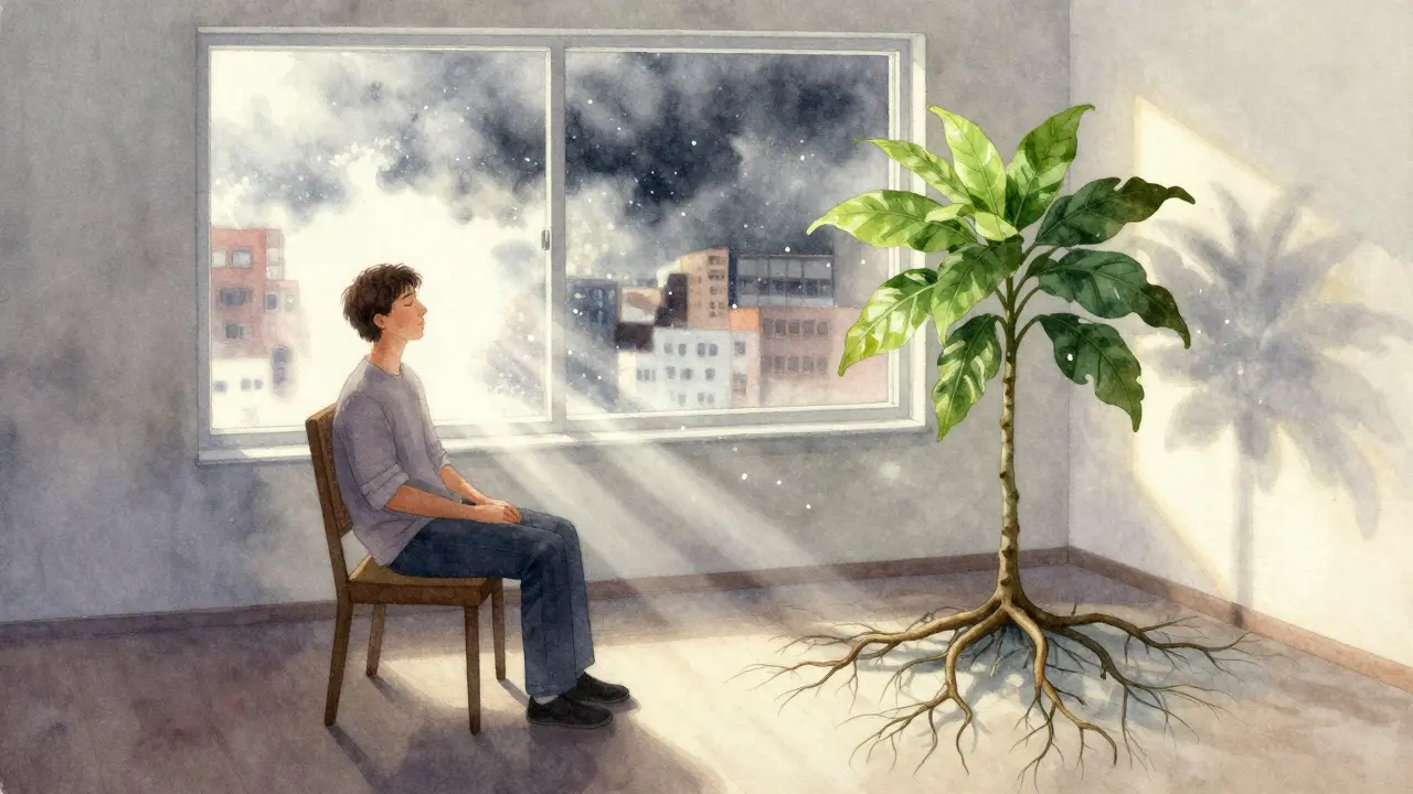 Човек седи в тиха стая, слънце осветява праха във въздуха, вън е буря, вътре — мир и растящо растение.