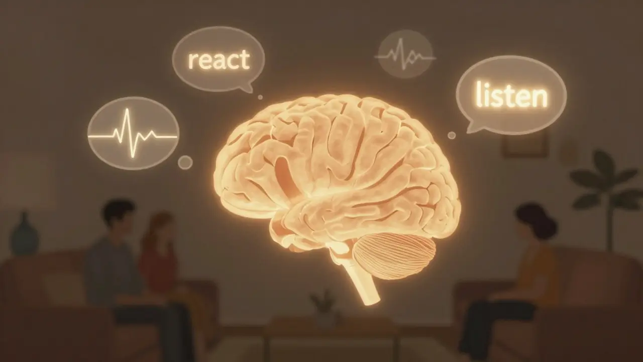 Човешки мозък със светещи мисли, превръщащи се в дъхове и удари на сърцето, в тиха стая.