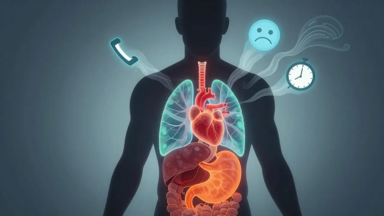 Човешко тяло, вътрешните органи показват напрежение и спокойствие като цветни вълни, символизиращи промяната от стрес към възстановяване.