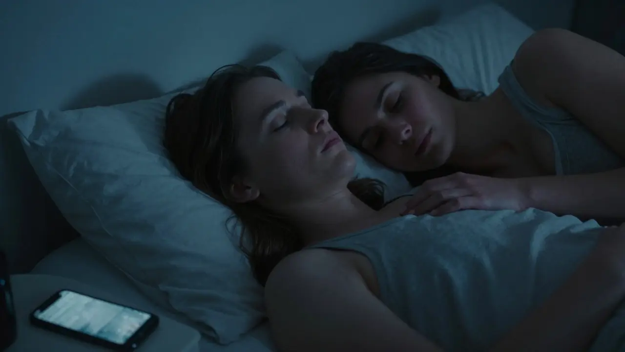 Двама души в леглото при лунна светлина, мълчаливо се срещат в тишината, без екрани.