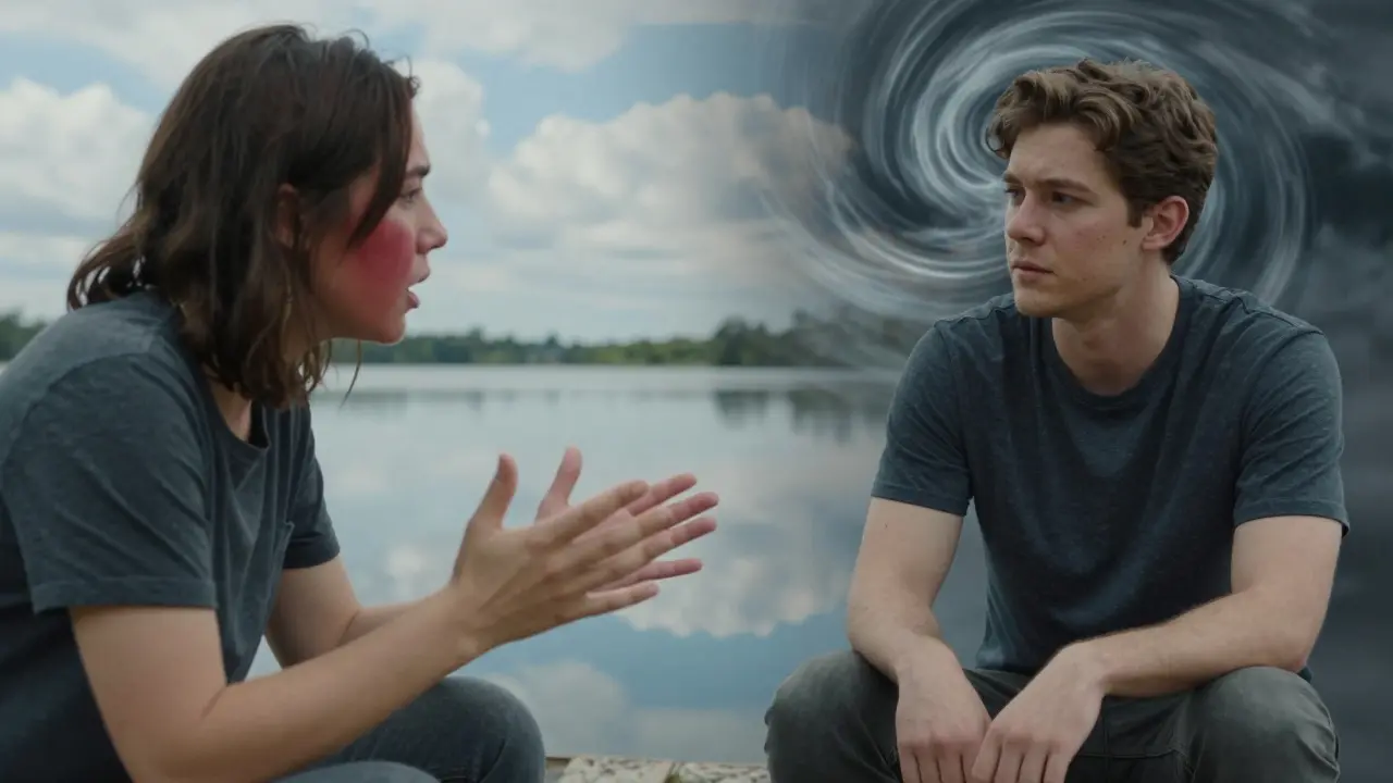 Двама хора в напрегната ситуация — един разтревожен, друг спокоен, с визуална метафора на техните умове.