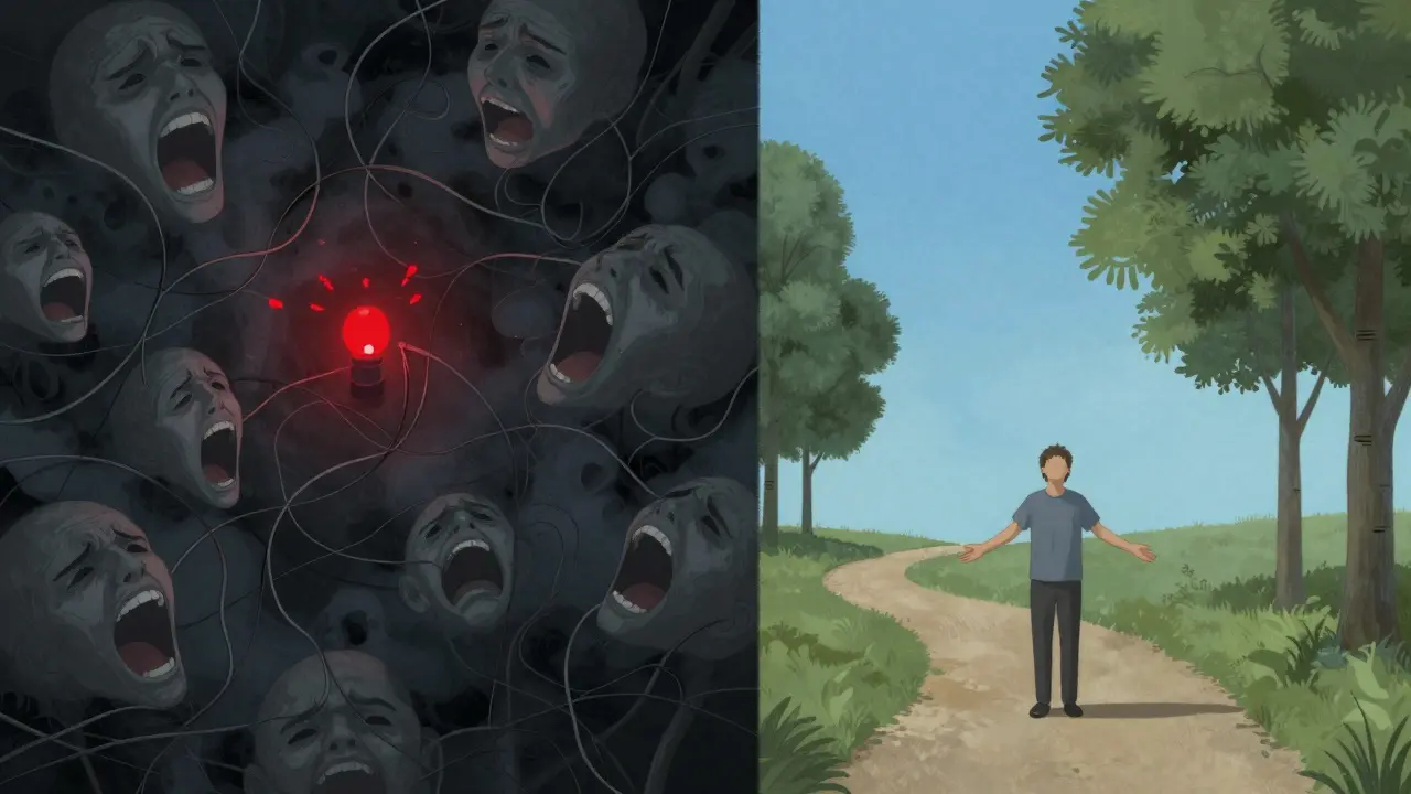 Контраст между буря от емоции отляво и спокойна природа отдясно, символизираща яснота след вътрешен хаос.