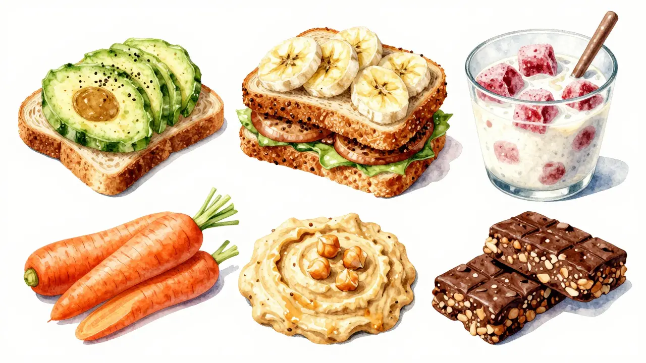 Пет вкусни здравословни закуски: авокадо, темпе, плодове, хумус и батончета.