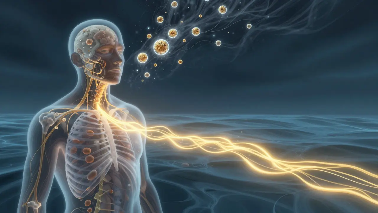 Прозрачно човешко тяло с хормони на стрес и спокойна нервна дейност, визуализирани като потоци.