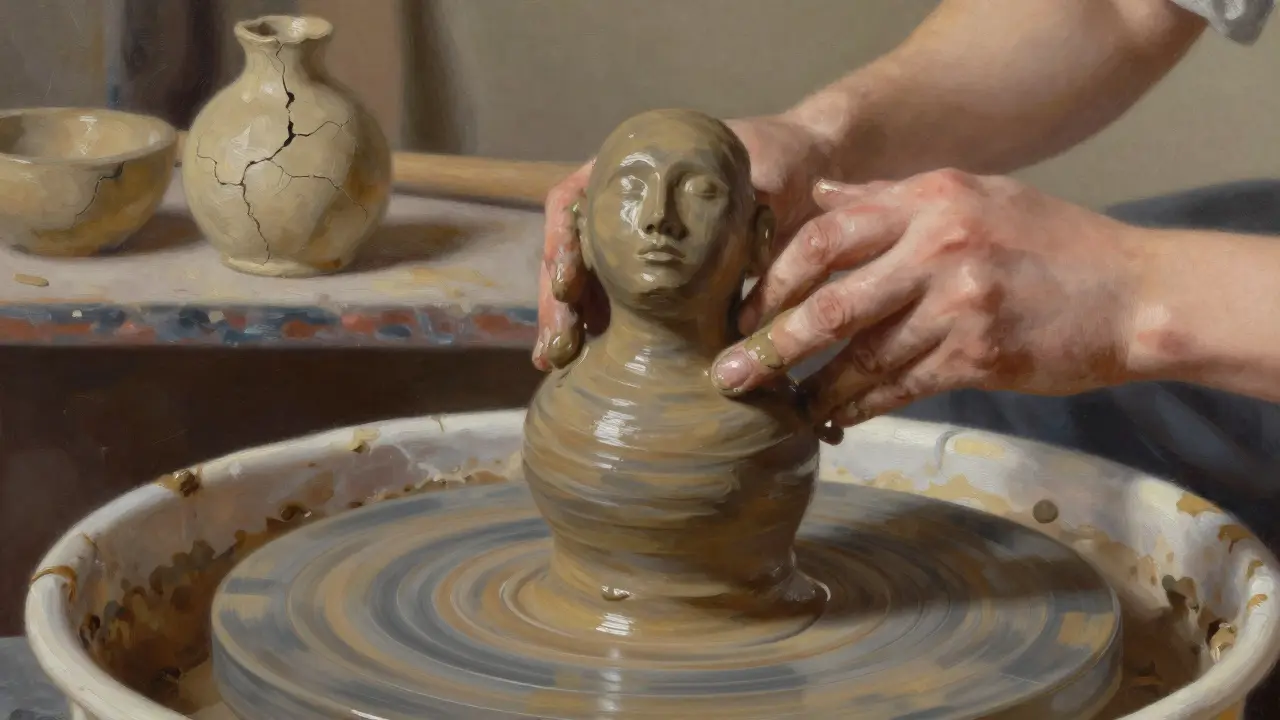 Ръце формират безлицева скулптура от глина в тиха студио обстановка.