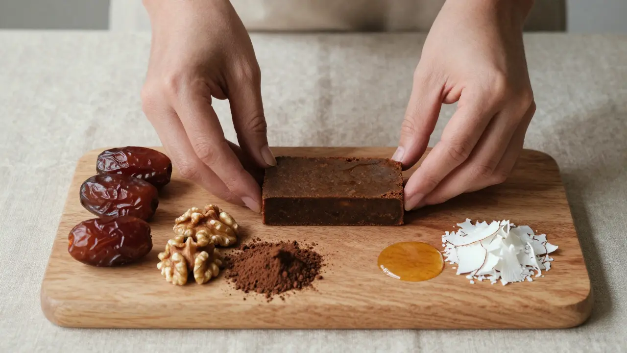 Ръце подготвят здравословни съставки за батончета с какао и орехи.