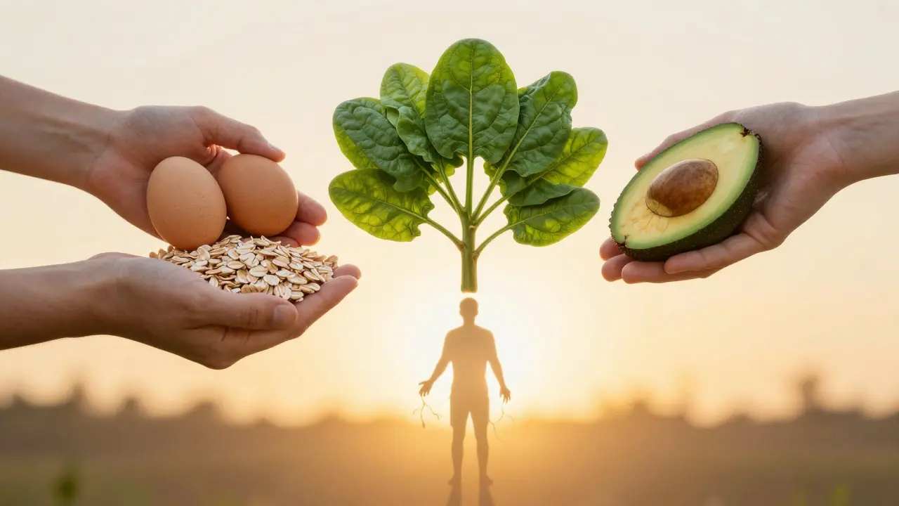 Ръце слагат здрави храни в дърво, символизиращо устойчиво отслабване.