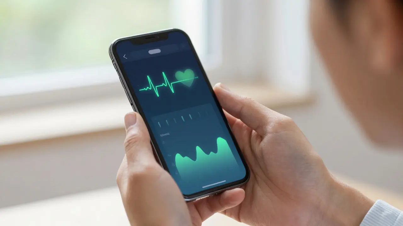 Ръка държи смартфон с приложение за проследяване на сърдечен ритъм и дишане.