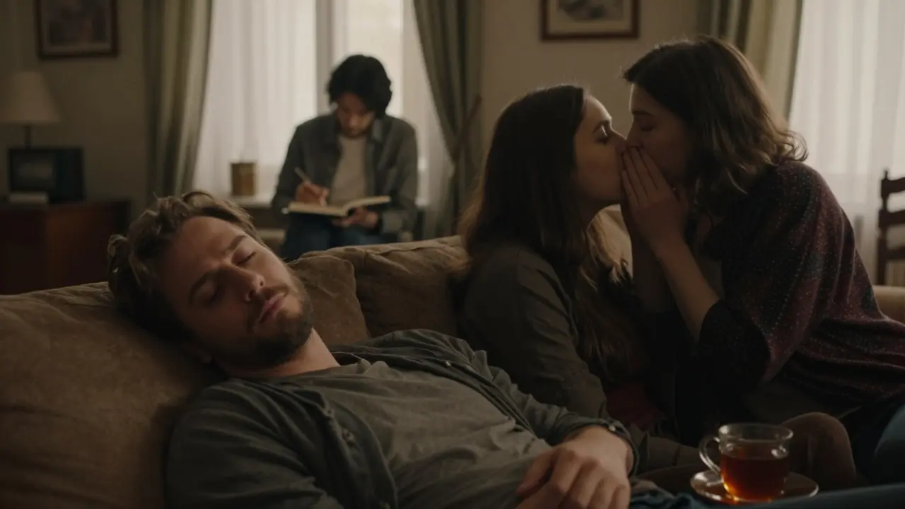 Трима хора в тиха стая — един дишайки, друг пише, трети говори тихо — без думи, само връзка.