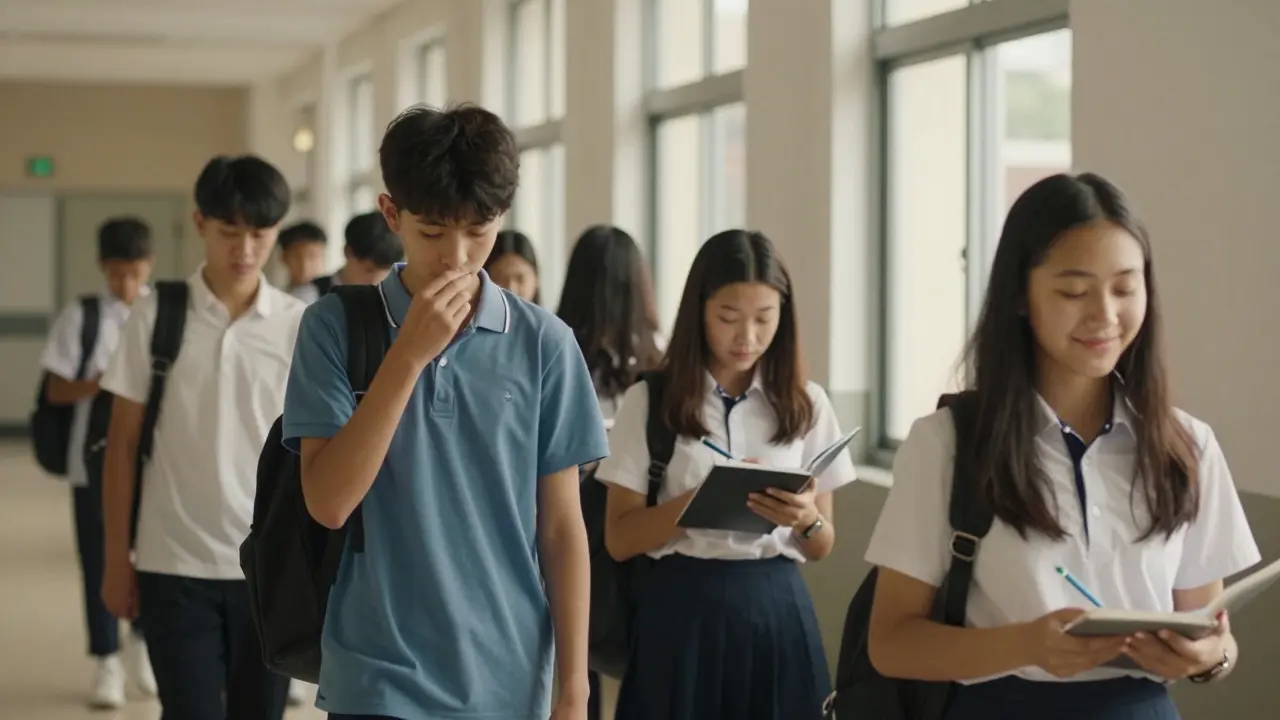 Ученици в коридора на училище седят в тишина, един рисува, друг слуша, няма телефони или шум.