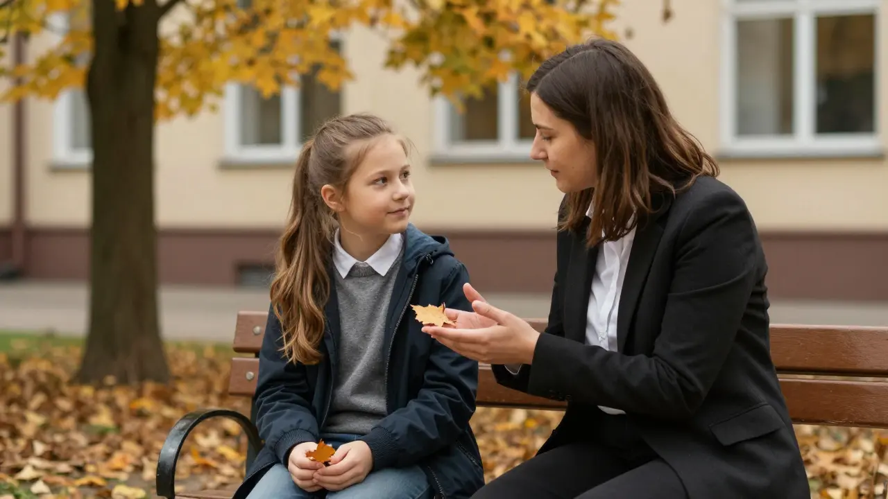 Учител и ученик дишат заедно на пейка зад училището, листа падат около тях в есенна тишина.
